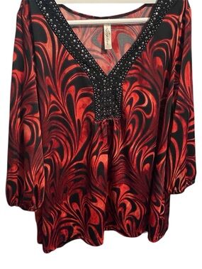 Perseption Red and Black Beaded V-Neck Tunic